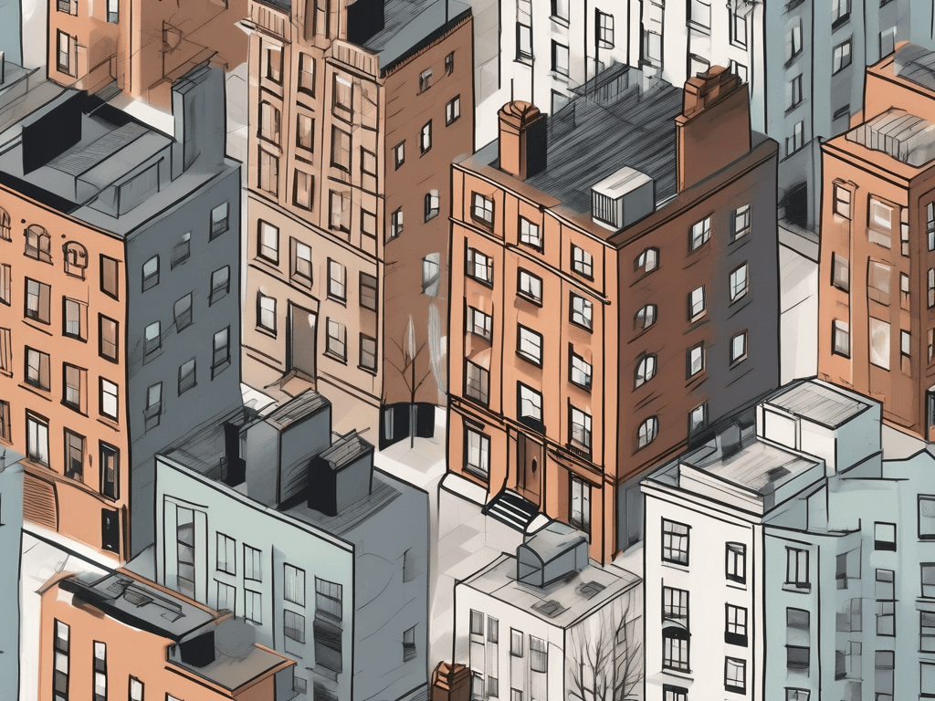 alt="various iconic New York real estate properties, such as skyscrapers, brownstones, and apartments, along with different marketing tools like a billboard, a laptop showing a virtual tour, and a for sale sign, all integrated into a strategic plan layout, hand-drawn abstract illustration for a company blog, white background, professional, minimalist, clean lines, faded colors"