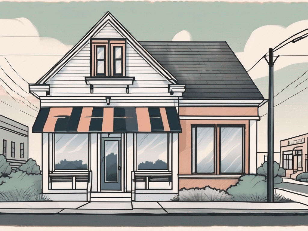 A picturesque real estate office with a 'for sale' sign in the front yard