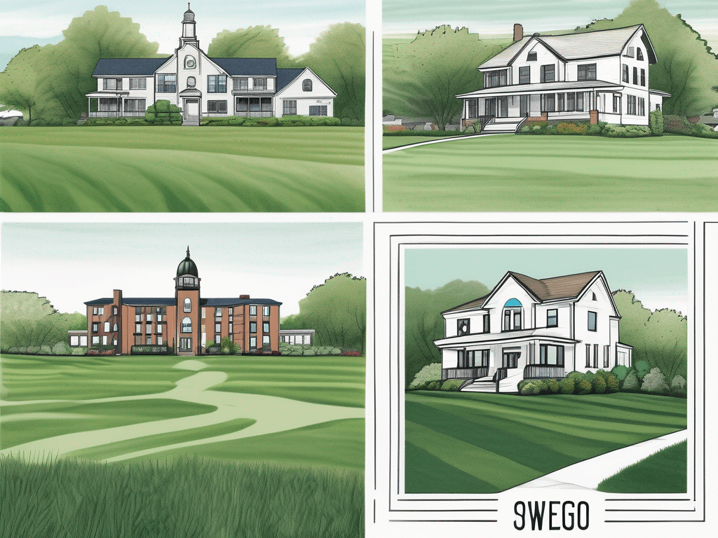 A real estate sign planted on a lush lawn with an outline of oswego's notable landmarks and new york's state symbols in the background