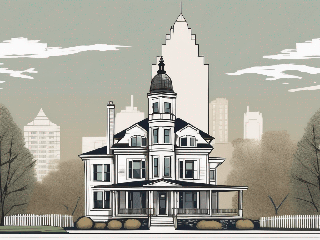 A real estate sign planted on a property with a backdrop of oneida's iconic landmarks