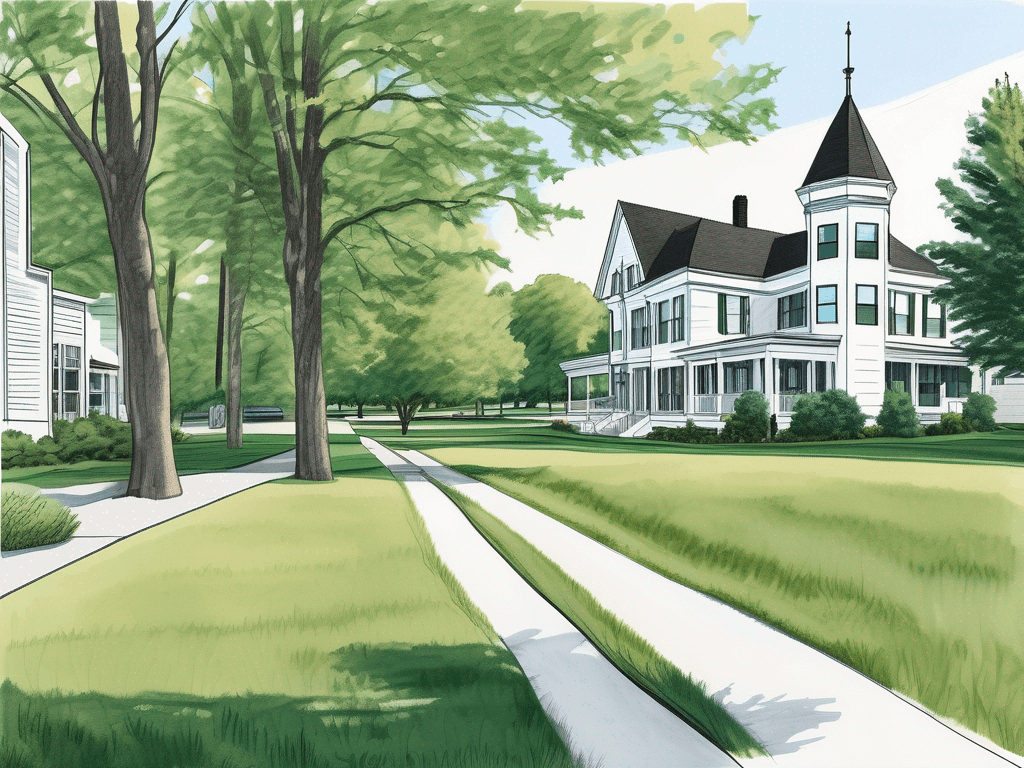 A real estate sign planted on a lush green lawn with a backdrop of ogdensburg's iconic landmarks