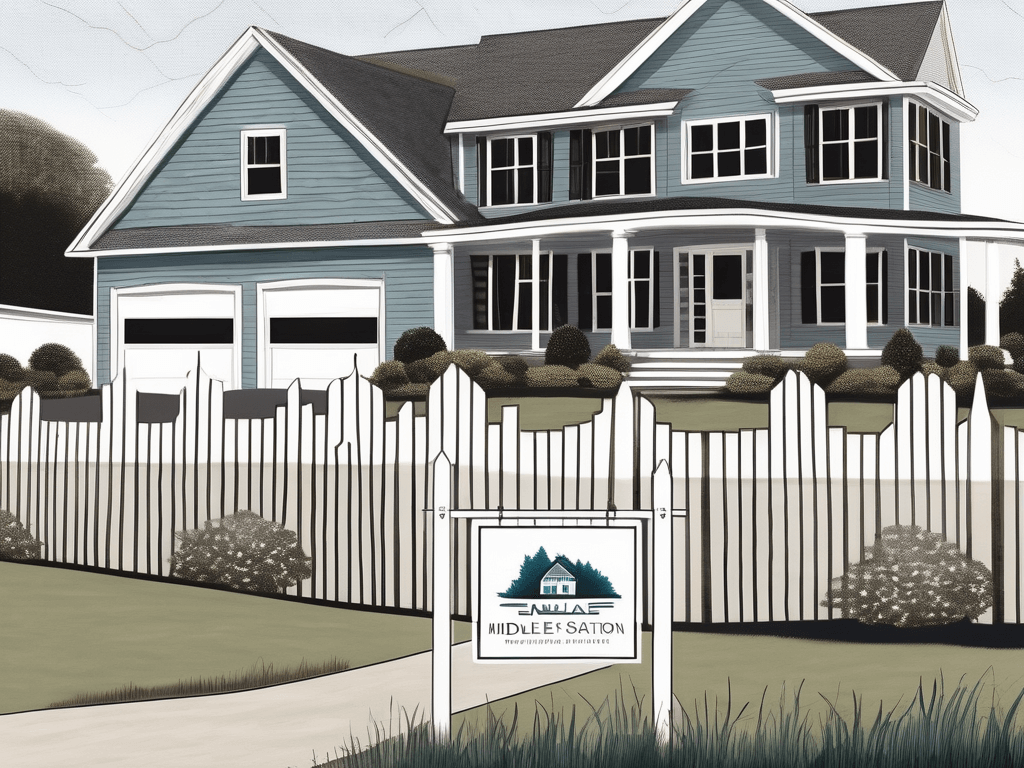 A real estate sign planted in front of a picturesque house in middletown