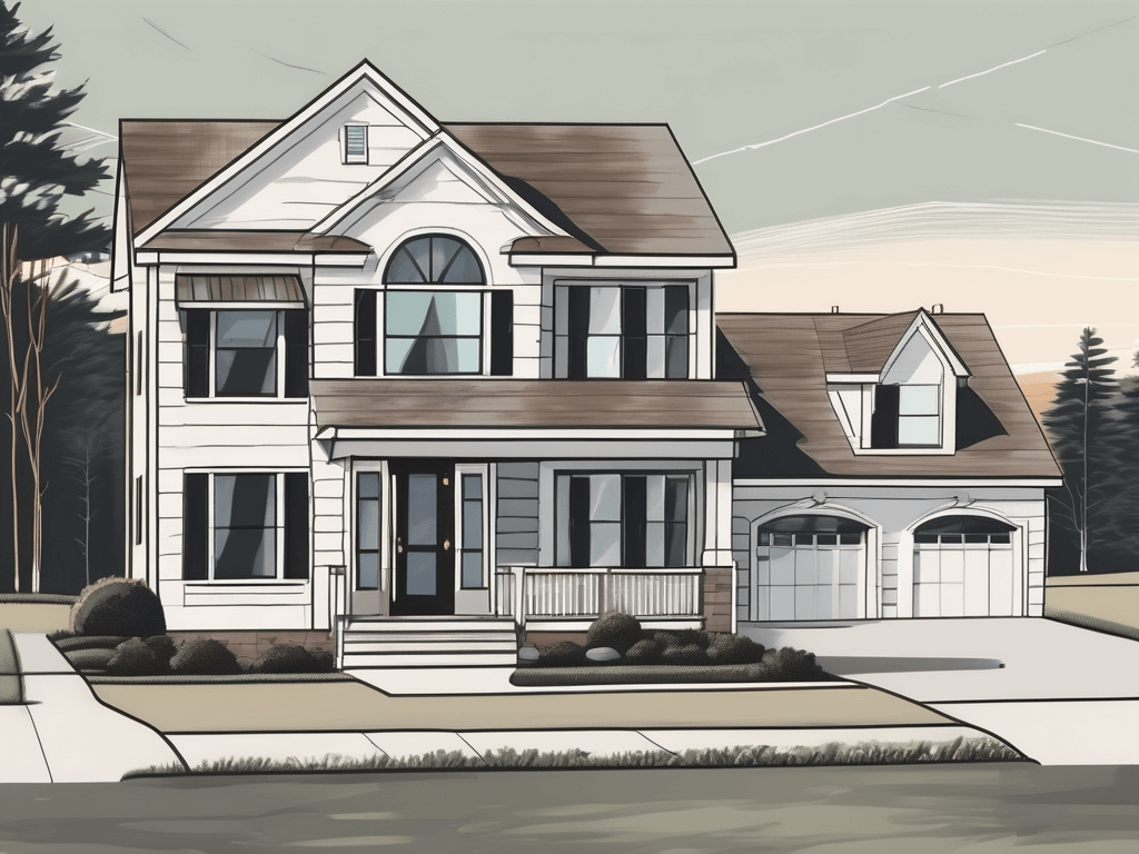 A real estate sign standing in front of a picturesque suburban house in mechanicville