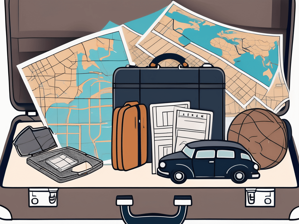 A real estate sign next to an open briefcase filled with travel and entertainment items like plane tickets