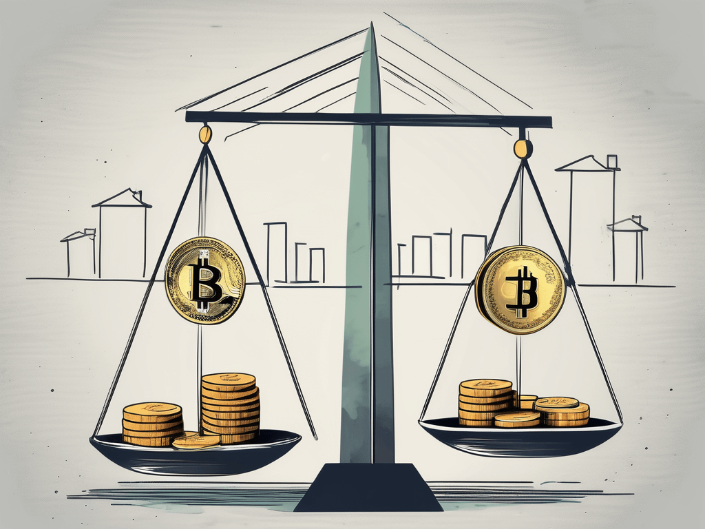 A scale balancing a house (representing real estate) on one side and stacks of coins (representing income) on the other side