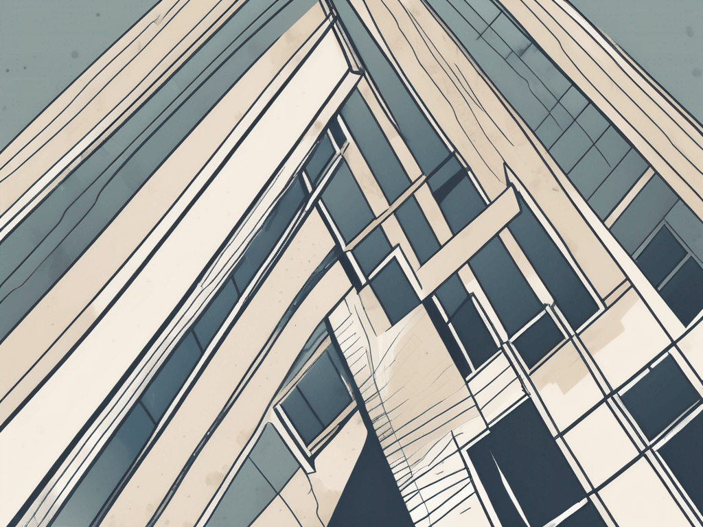 A commercial building with an upward arrow