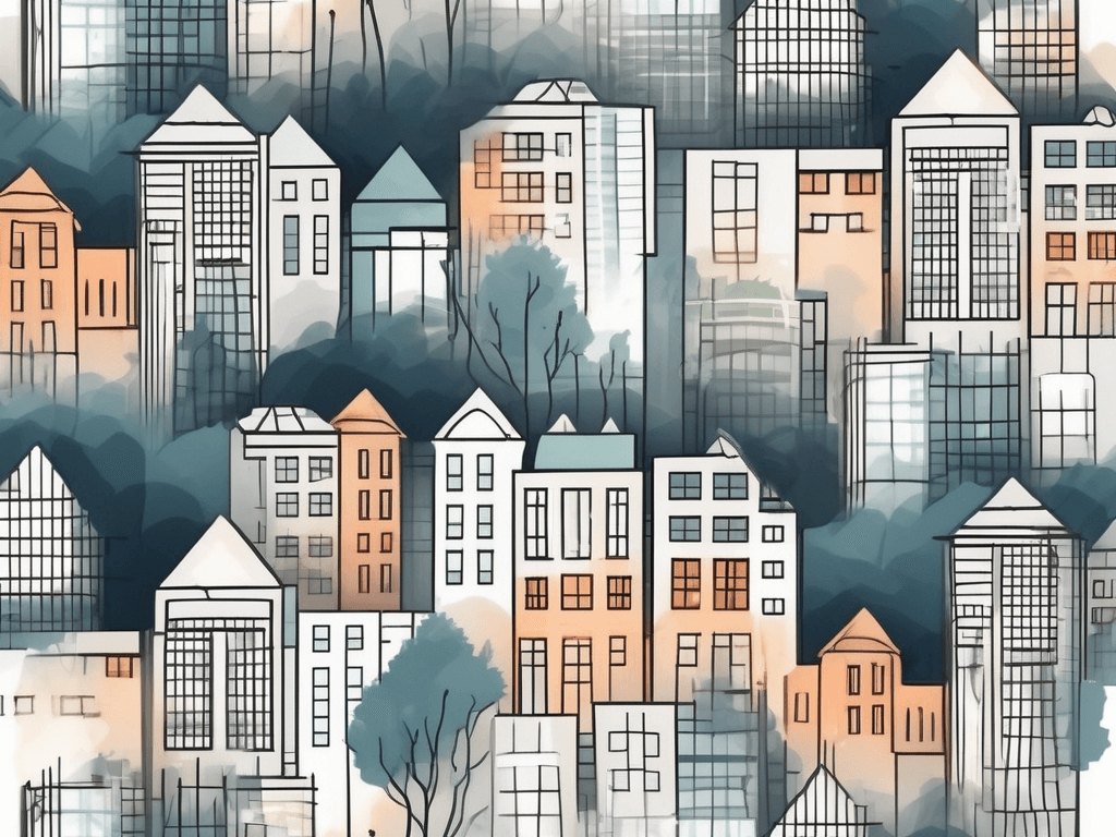 A cityscape with highlighted buildings