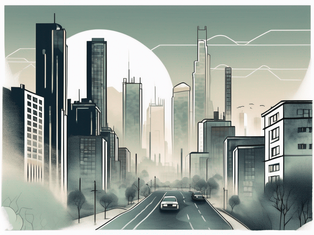 A cityscape with contrasting areas showing polluted air and clean air