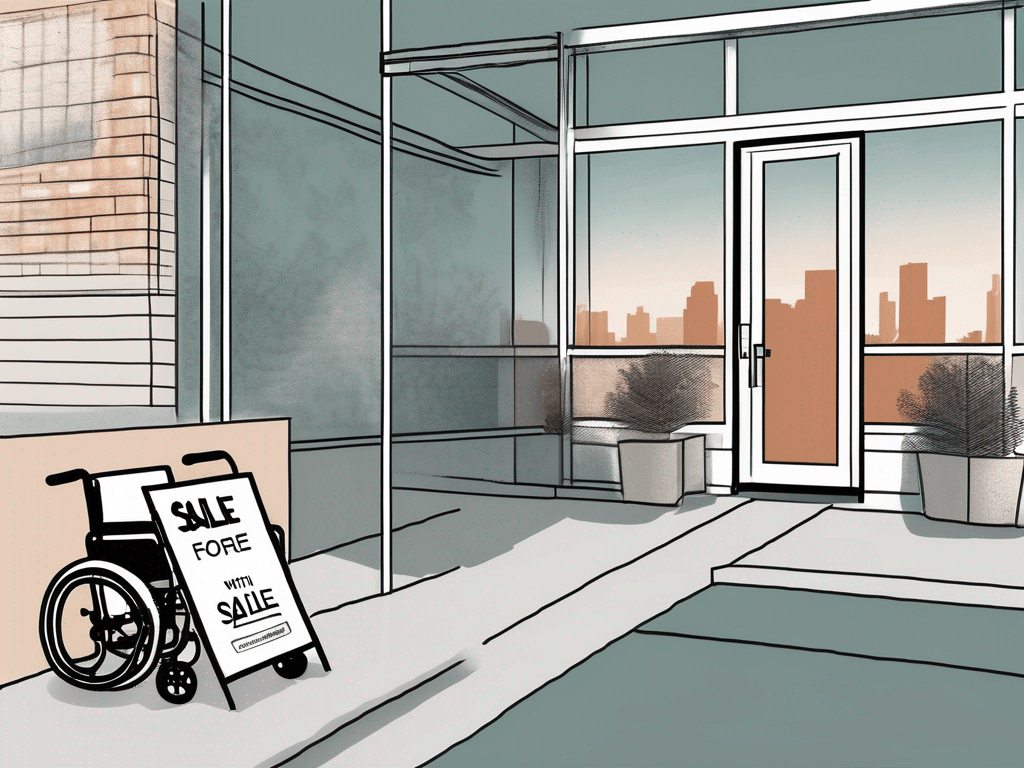 A wheelchair accessible real estate office with a 'for sale' sign on a property in the background