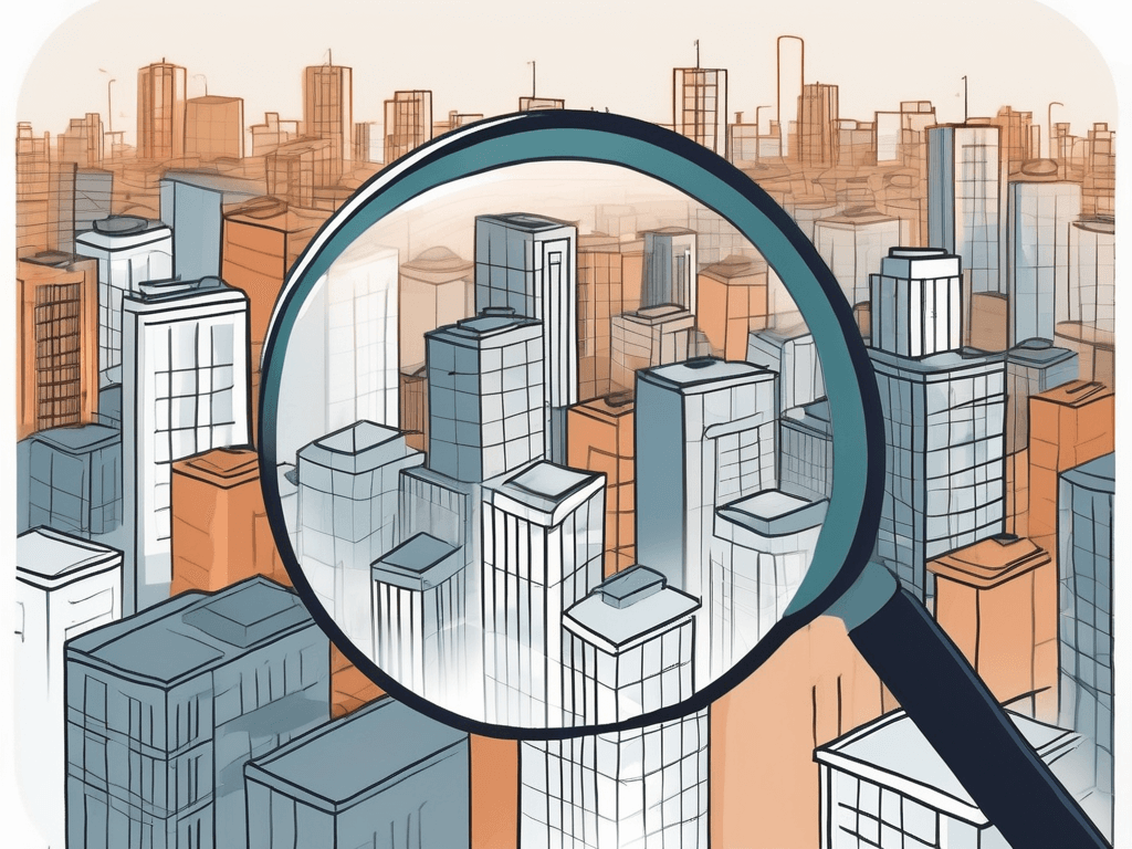 A cityscape with diverse residential buildings and a magnifying glass hovering over them