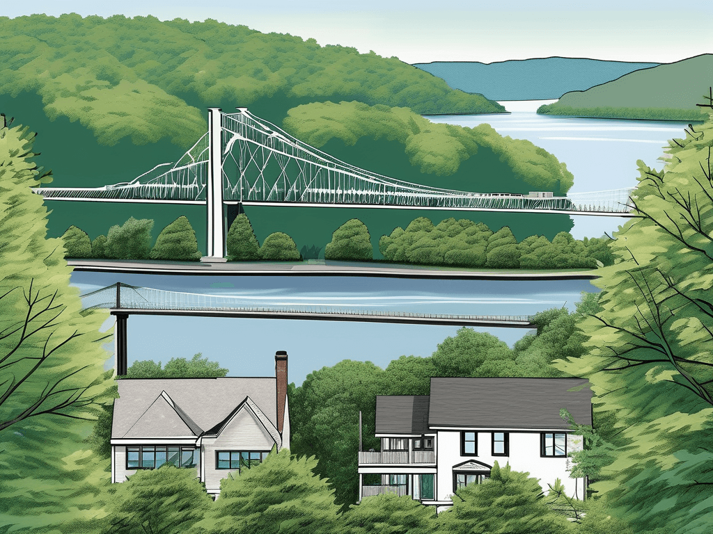 A real estate sign on a lush poughkeepsie property with the hudson river and mid-hudson bridge in the background