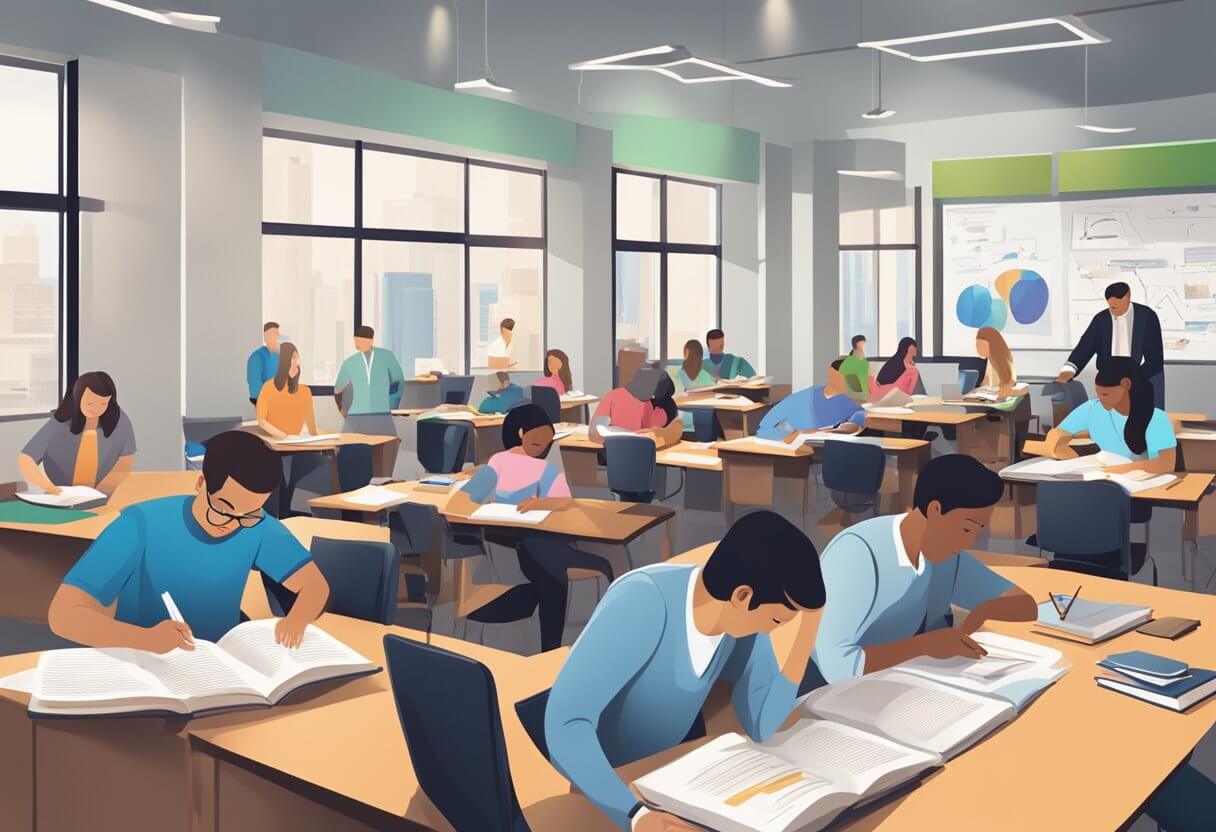 A bustling real estate school with students studying, instructors teaching, and a logo prominently displayed. Books and study materials are strewn across desks