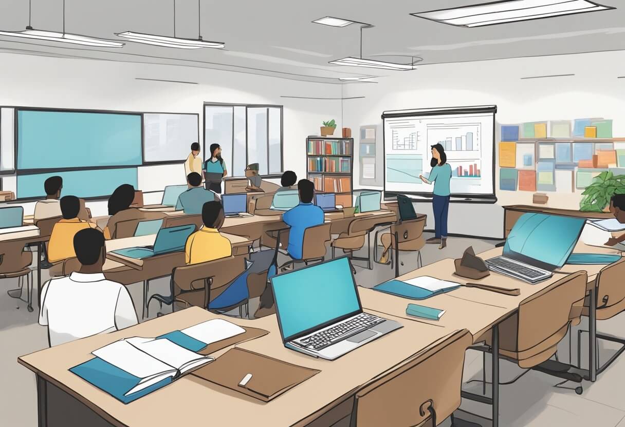 A classroom setting with students studying real estate materials. Books, computers, and a whiteboard with course information displayed