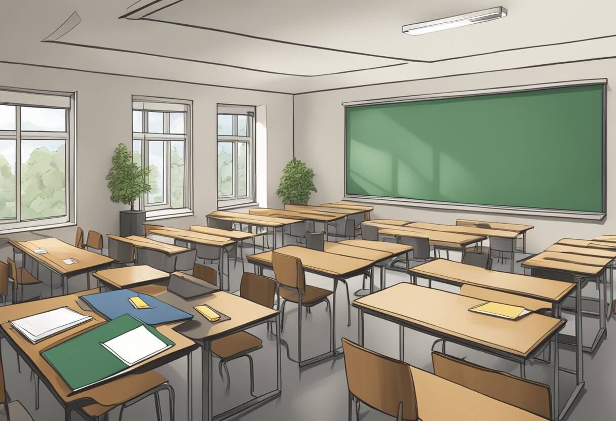 A bustling real estate classroom at Real Estate U contrasts with a quiet, empty room at Van Ed