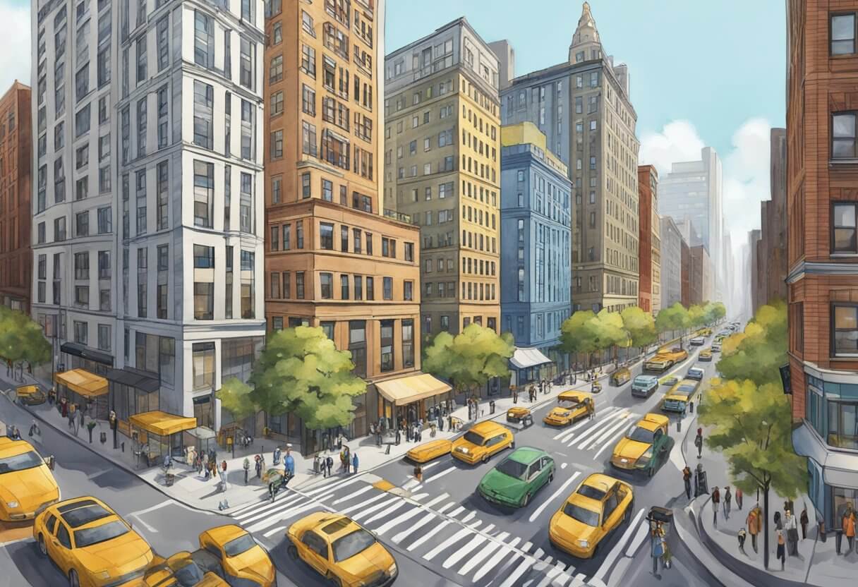 The New York Real Estate University and Kaplan buildings stand tall, facing each other with a bustling city street in between