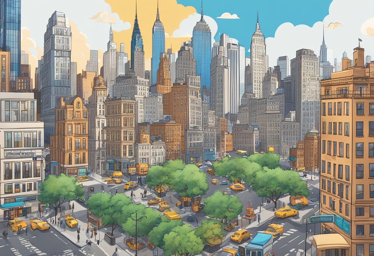 A bustling cityscape with iconic New York landmarks in the background, contrasting Real Estate U and Kaplan logos prominently displayed