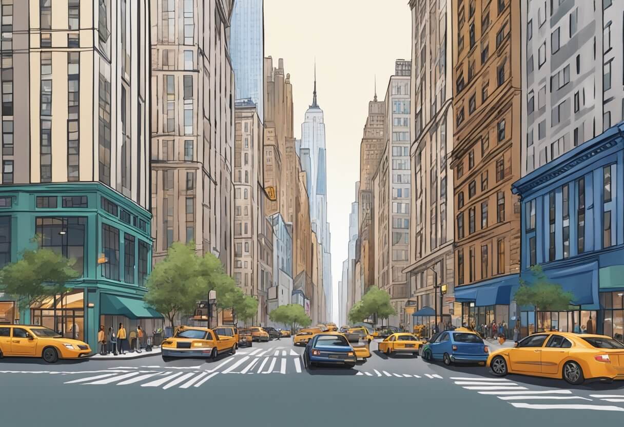 A bustling New York City street with skyscrapers in the background, featuring the Real Estate U and The CE Shop storefronts side by side