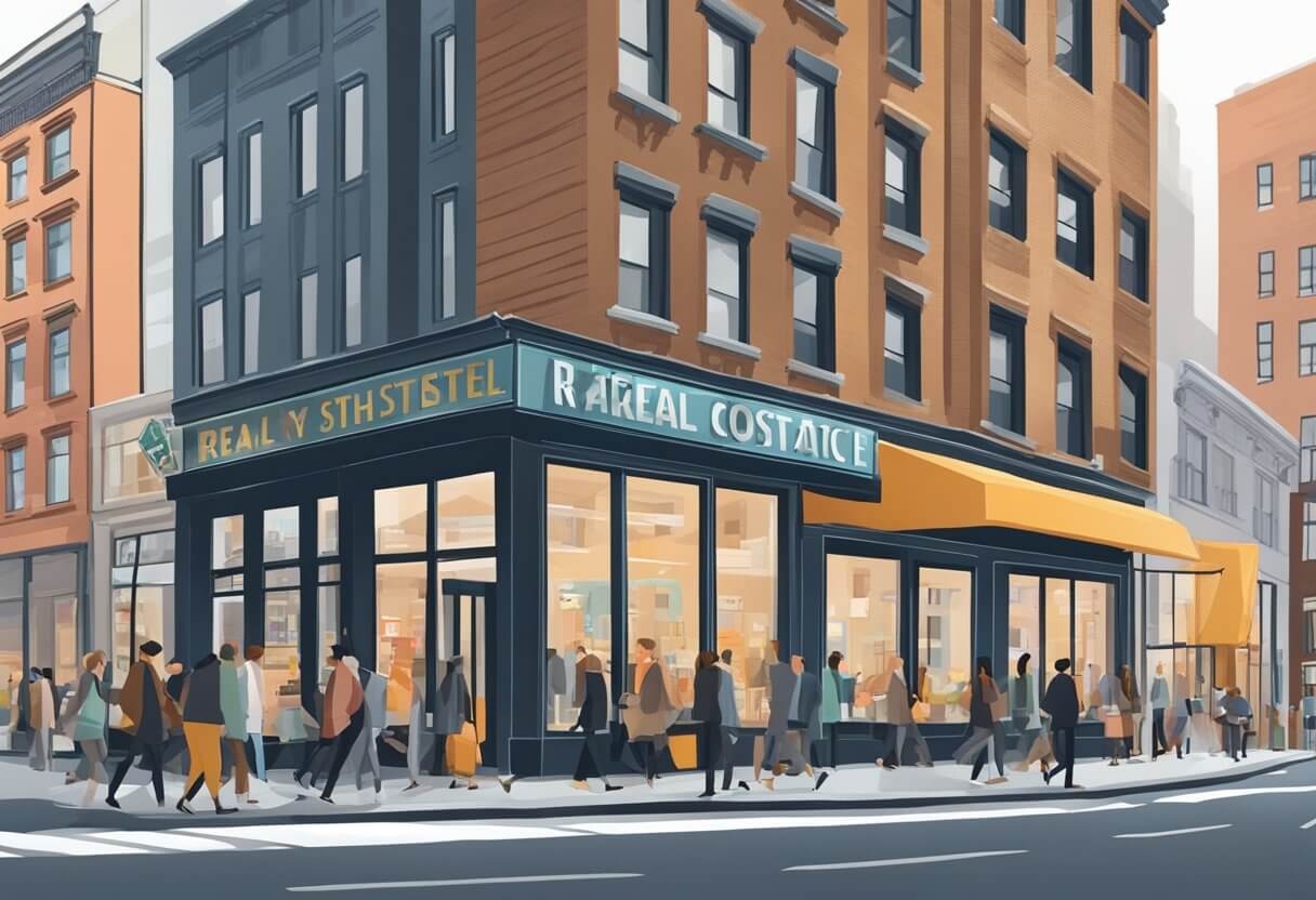 A bustling New York street with a prominent Corofy Real Estate School sign next to a sleek Aceable Agent storefront. Pedestrians and cars fill the busy scene