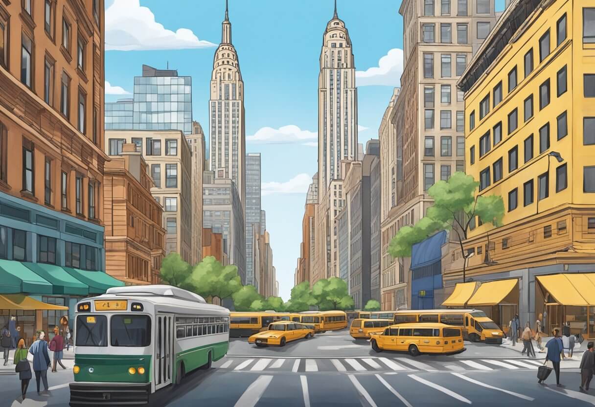 The bustling streets of New York City with two prominent real estate schools, NY Corofy Real Estate School and NYREI, standing tall against the iconic city skyline