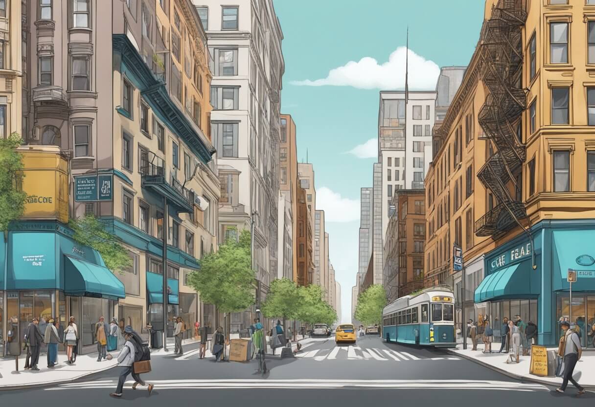 A bustling New York street with two prominent signs: "Corofy Real Estate School" and "The CE Shop" facing off against each other