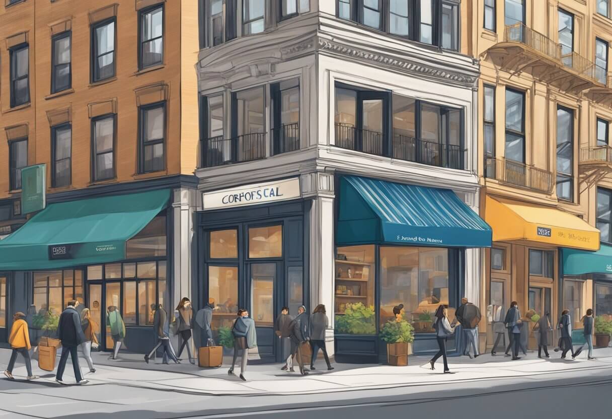 A bustling New York street with a prominent Corofy Real Estate School sign next to a sleek, modern building, contrasting with a traditional CE Shop storefront