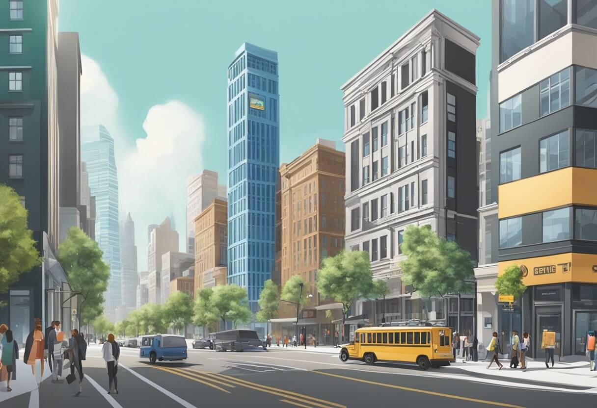 A bustling city street with a prominent Corofy Real Estate School sign contrasting with a Colibri Real Estate building