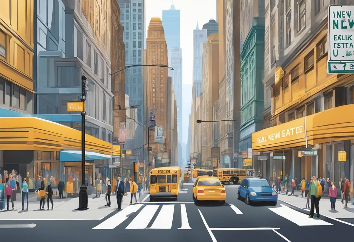 A bustling city street with two large signs for "New York Corofy Real Estate School" and "Real Estate U" facing each other