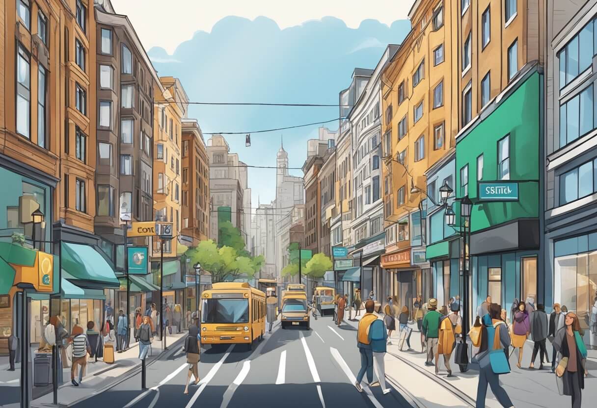 A bustling city street with a prominent sign for Corofy Real Estate School, contrasting with a smaller sign for Real Estate U