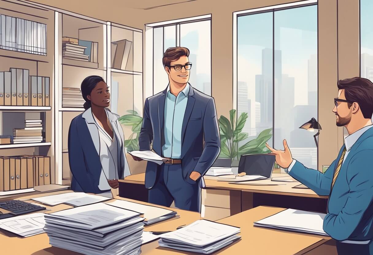 A real estate agent meets clients, shows properties, negotiates deals, and handles paperwork in a bustling office setting