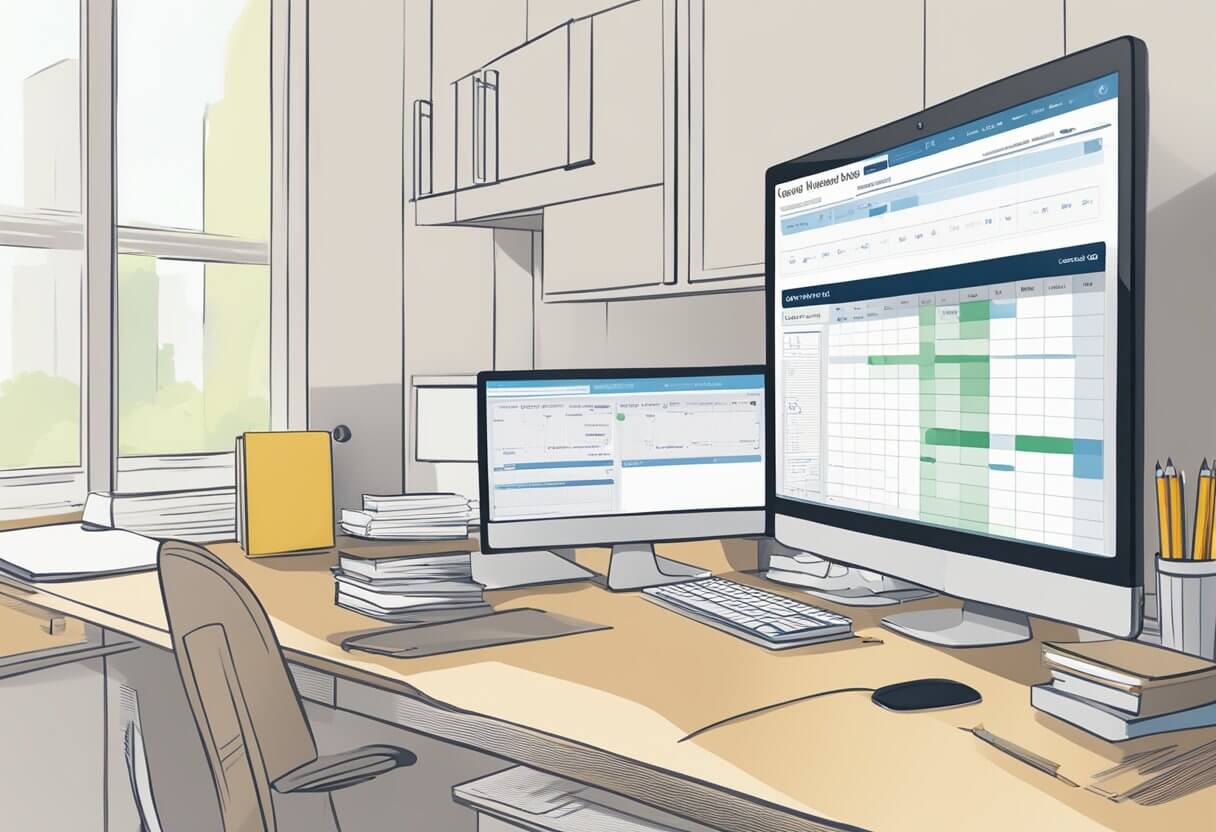A computer screen displaying the website for scheduling the New York Real Estate License Exam. A calendar and a pencil are nearby