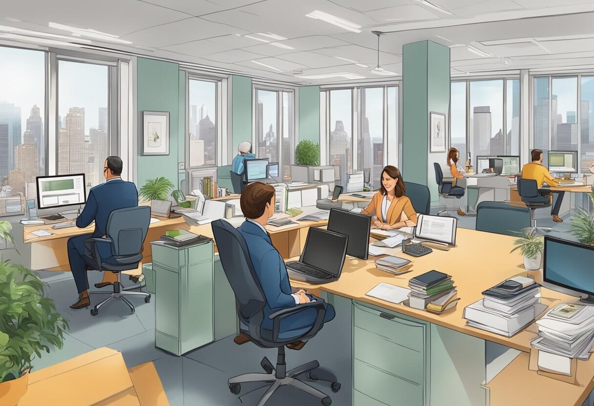 A bustling real estate office in New York, with agents of various ages working at their desks and engaging with clients