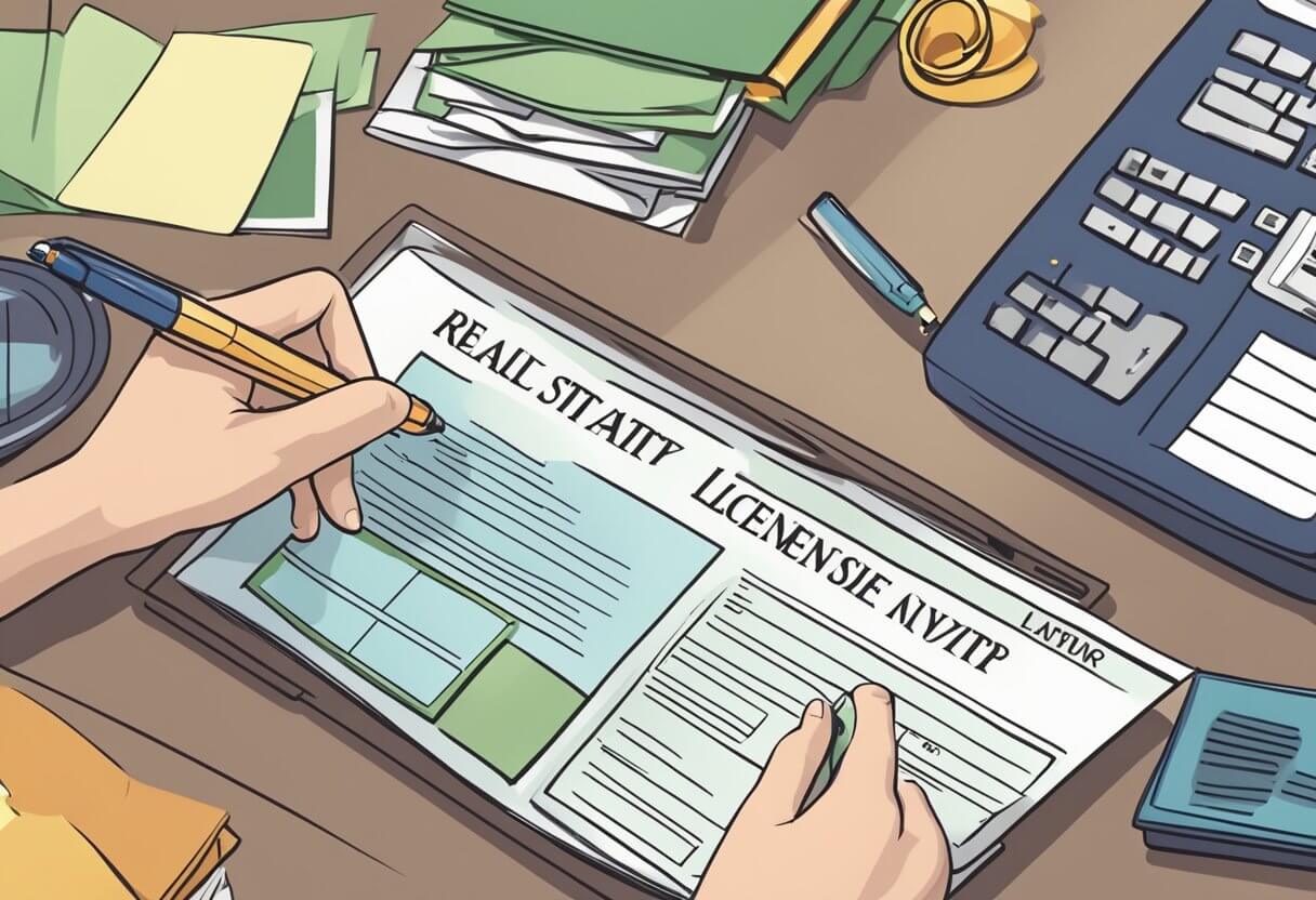 A person completing a real estate license application in New York, with a section for Social Security Number and citizenship status