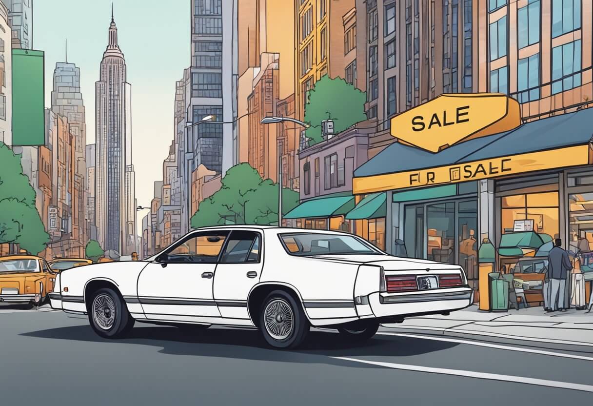 A sleek car parked in front of a bustling New York City skyline, with a "For Sale" sign in the window