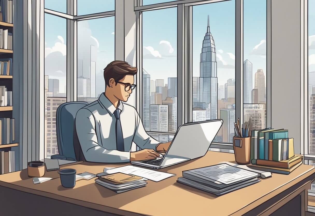 A person filling out a real estate license application at a desk with a laptop, surrounded by books and paperwork. City skyline visible through window