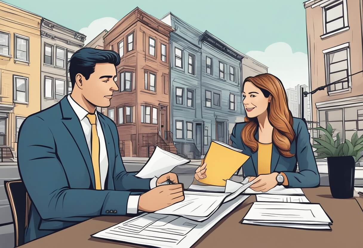 A realtor in NYC confidently states multiple offers on a property, while a skeptical buyer looks through paperwork and raises an eyebrow