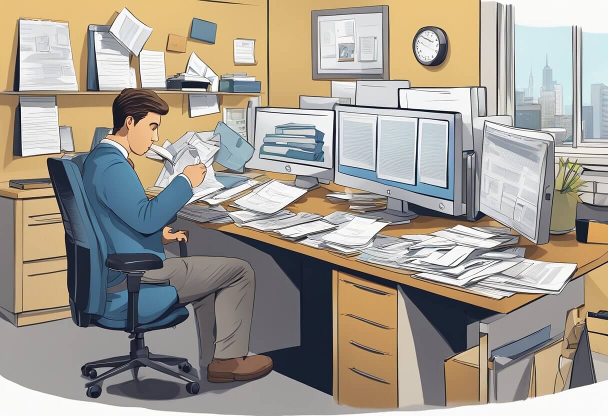 A realtor's office with a desk cluttered with papers and a computer screen showing multiple property listings. A phone is ringing off the hook and the realtor looks stressed