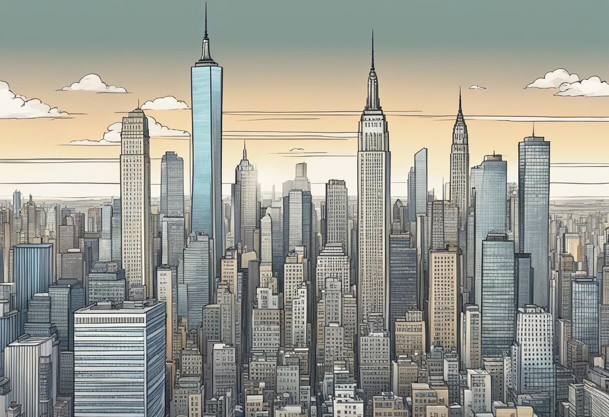 The New York skyline towers above, symbolizing the booming real estate market in 2024. Tall buildings and bustling streets convey the city's sky-high earnings