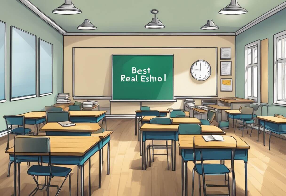 Real estate classroom, New York license education, prepared learning environment.