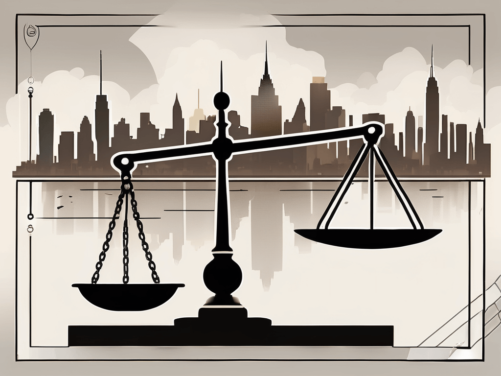 The new york skyline with a balance scale in the foreground