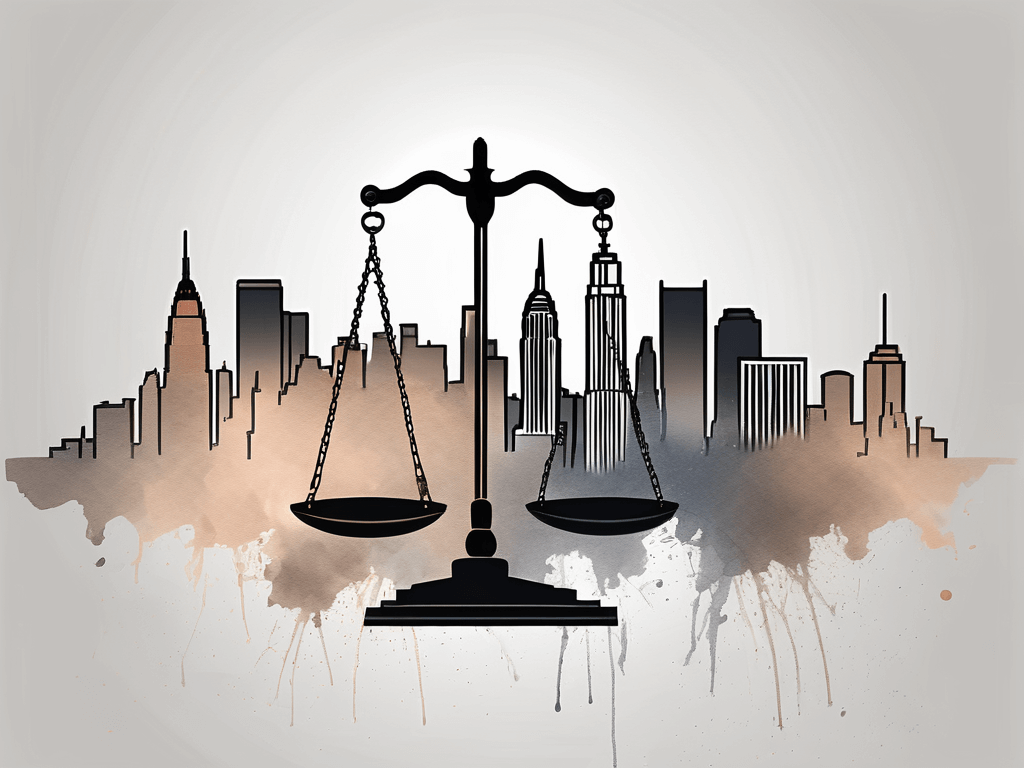 The new york skyline with a balance scale superimposed over it