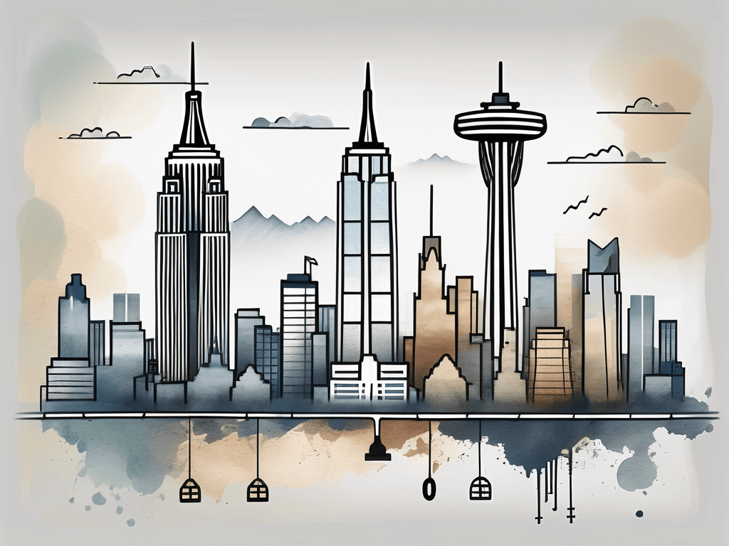 The new york skyline with symbolic imagery such as a key and a balance scale to represent fair housing and human rights respectively