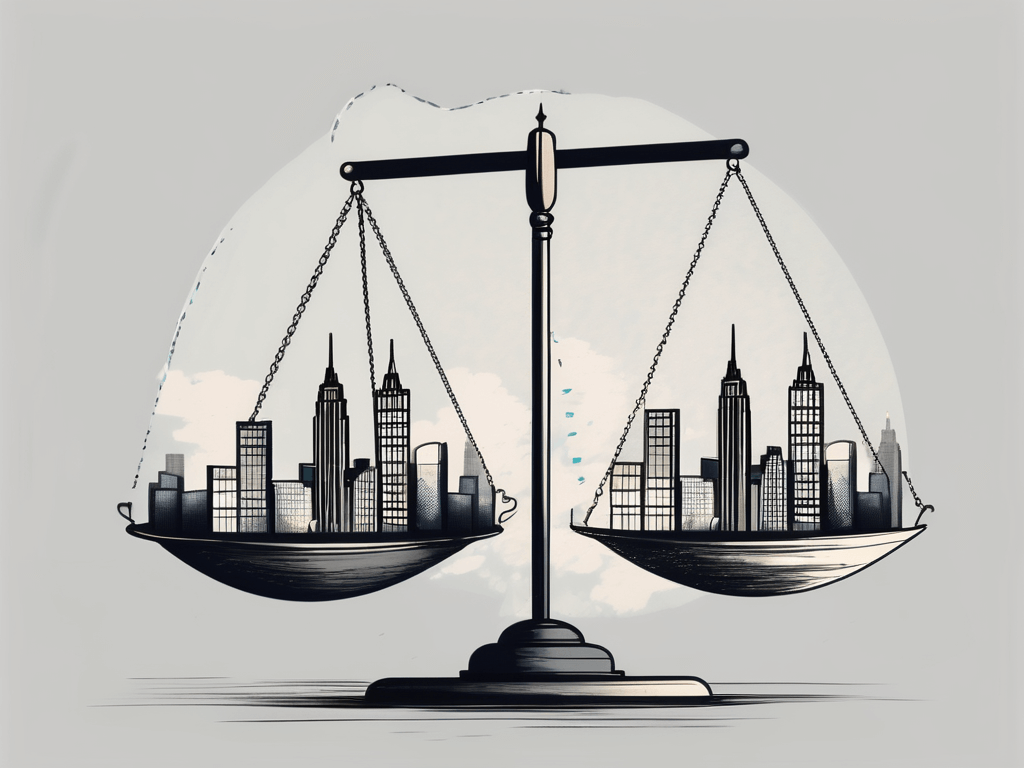 A balanced scale with a symbolic house on one side and the new york skyline on the other