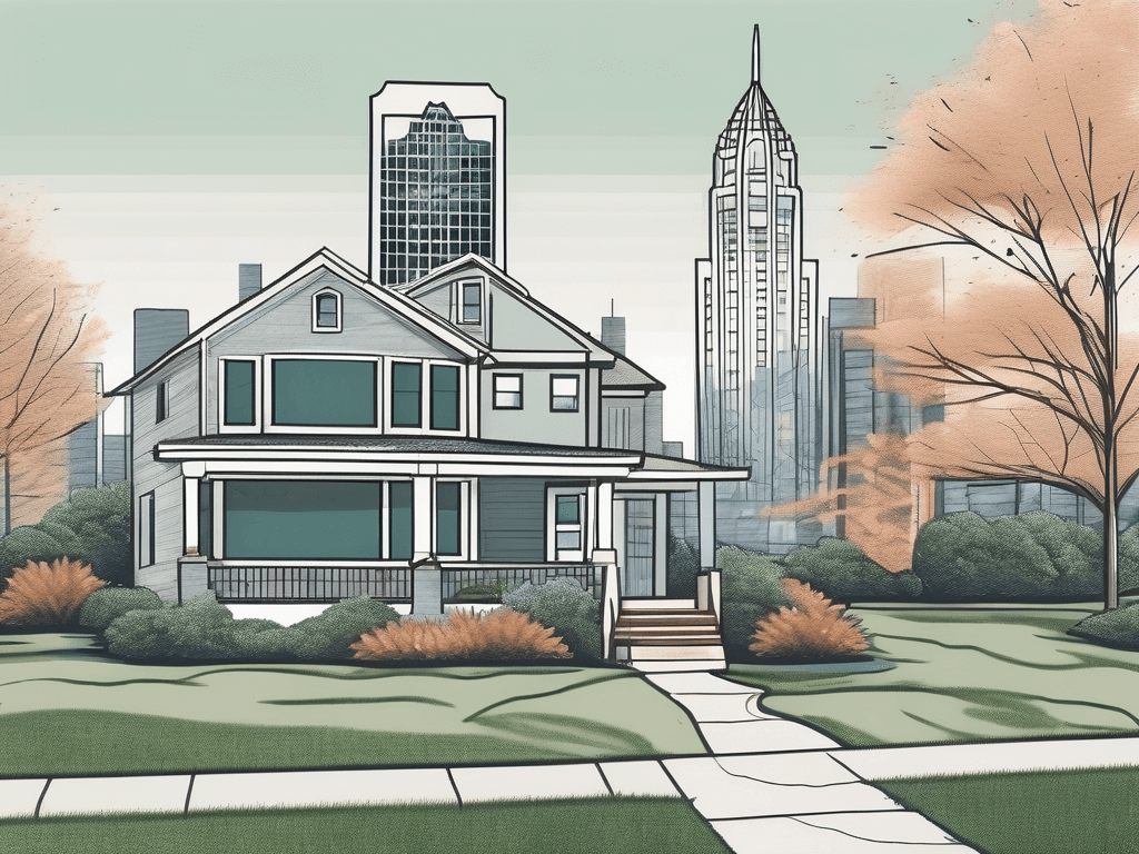 A real estate sign planted on a well-manicured lawn with a backdrop of detroit's iconic skyline