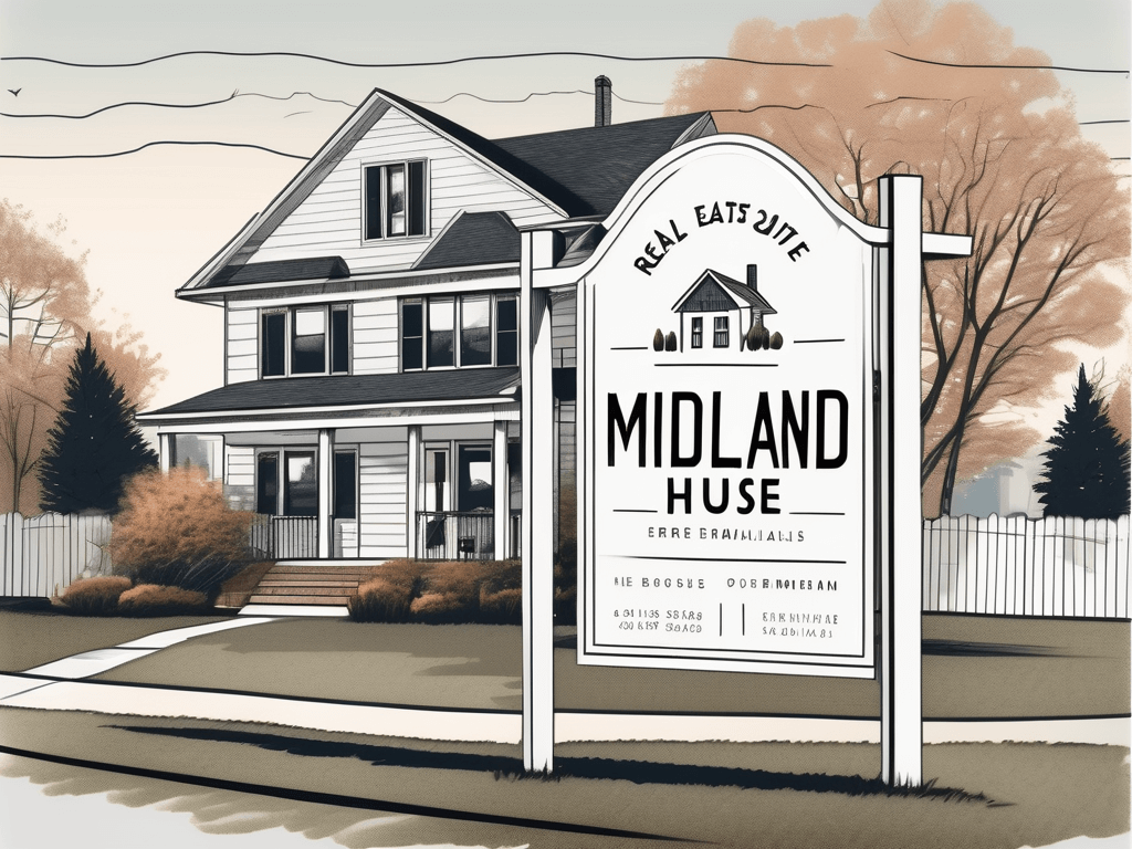 A real estate sign planted in front of a charming suburban house