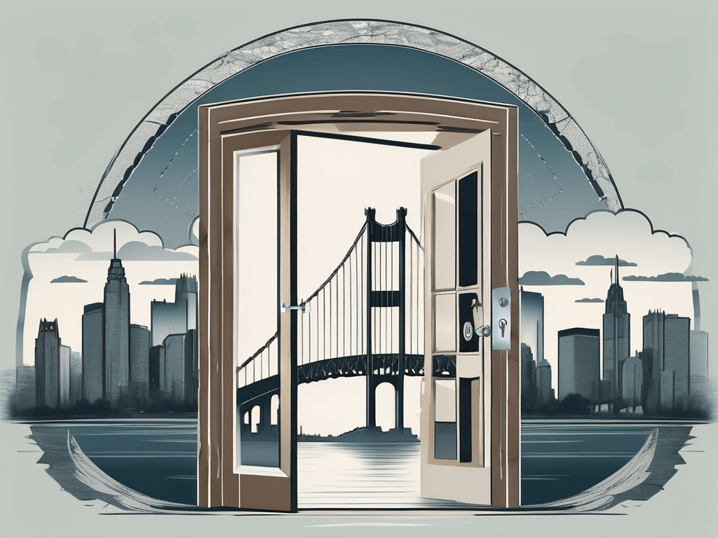 A symbolic entry door with a key in the keyhole