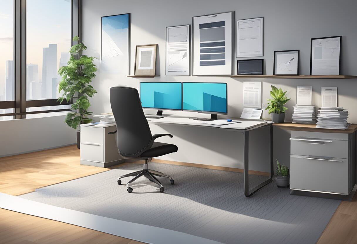 A modern office with a sleek desk, computer, and real estate documents scattered about. A sign with the company logo hangs on the wall