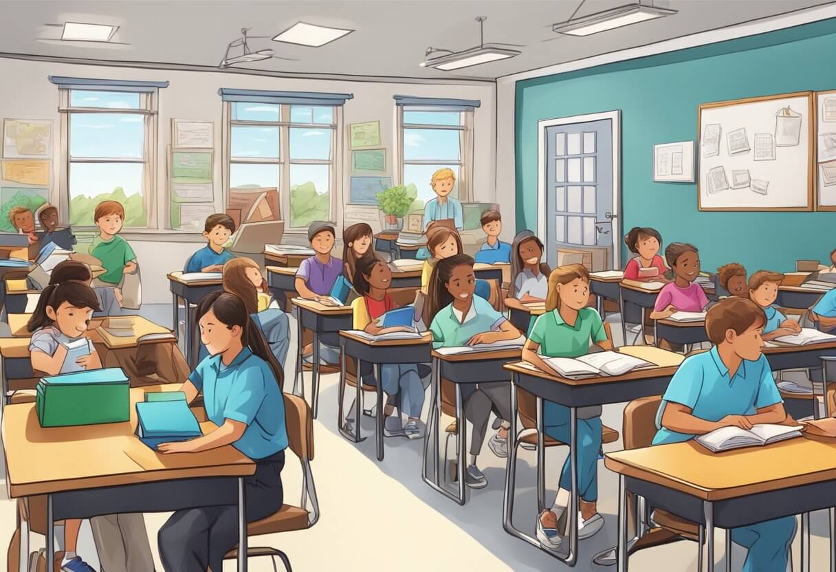 A bustling classroom filled with eager students, textbooks, and a whiteboard covered in real estate concepts