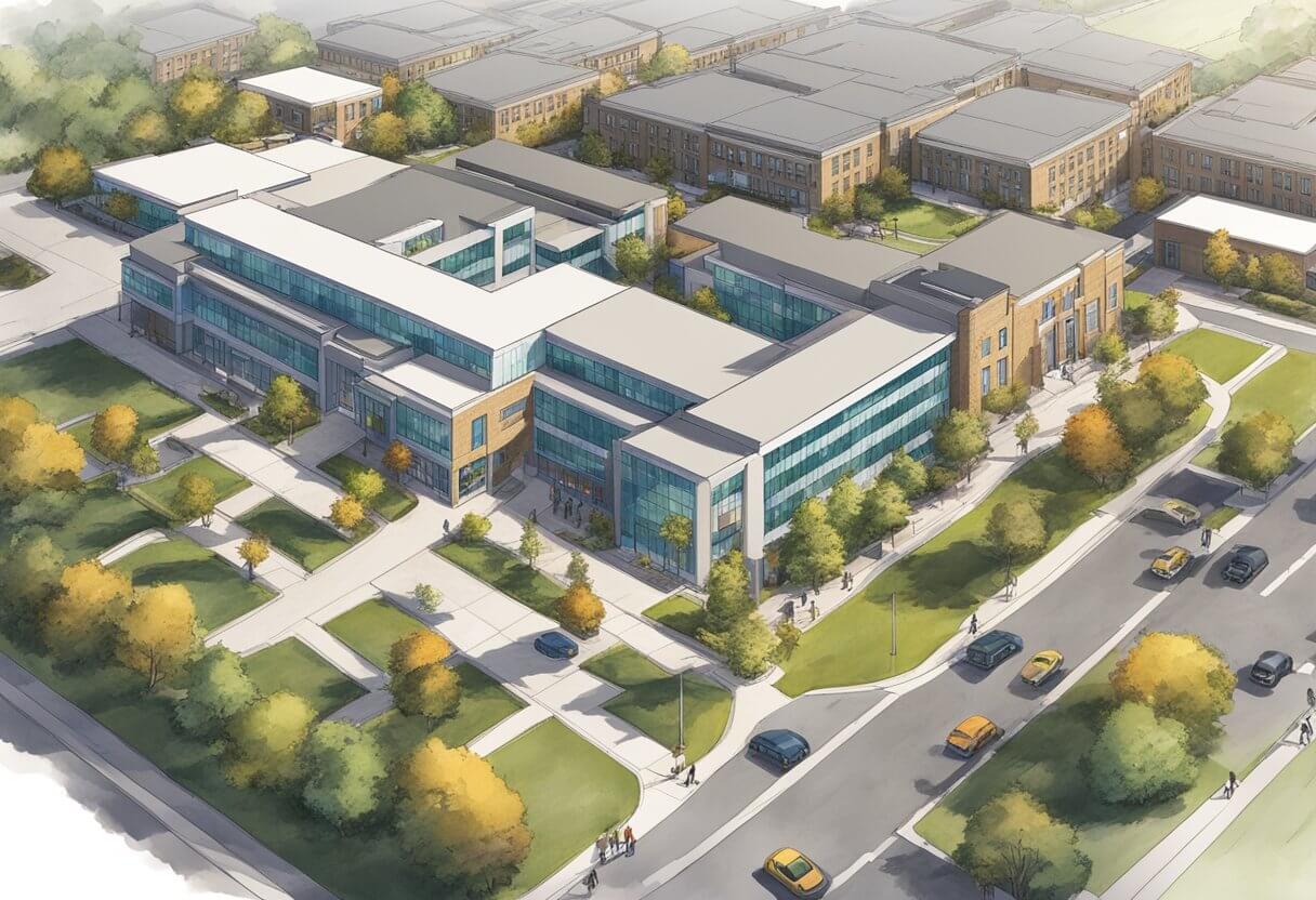 An aerial view of Kaplan Real Estate School with a bustling campus, students entering and exiting buildings, and a prominent school sign