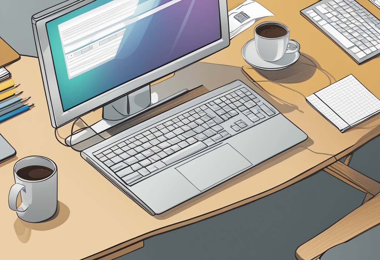 The scene shows a computer with the At Your Pace Online website on the screen, surrounded by various office supplies and a mug of coffee