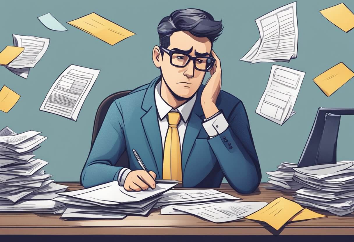 A real estate agent with bad credit sits at a desk, frustrated, with a pile of unpaid bills and a denied loan letter